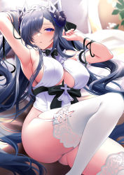 Rule 34 | 1girl, arm up, armband, armpits, ass, august von parseval (azur lane), august von parseval (the conquered unhulde) (azur lane), azur lane, bare hips, black horns, blue hair, blush, bow, bowtie, breasts, cleavage, cleavage cutout, clothing cutout, collar, covered erect nipples, curvy, dragon horns, garter straps, hair over one eye, horns, indoors, knee up, large breasts, long hair, looking at viewer, lying, messy hair, official alternate costume, on back, one eye covered, pontaro18, purple eyes, skindentation, solo, thick thighs, thighhighs, thighs, white thighhighs