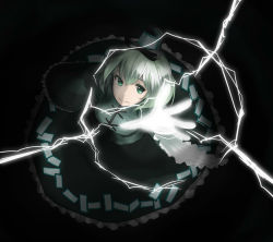 Rule 34 | 1girl, ariadoszz, breasts, dress, electricity, female focus, green eyes, green hair, hat, highres, large breasts, lightning, matching hair/eyes, outstretched hand, smile, soga no tojiko, solo, tate eboshi, touhou