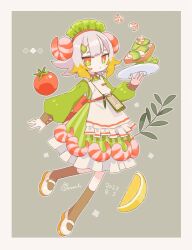 Rule 34 | 1girl, apron, blonde hair, blunt bangs, brown socks, cherry tomato, clipboard, closed mouth, commentary request, dated, dress, food, food-themed clothes, frilled apron, frills, fruit, full body, green dress, grey background, grey hair, holding, holding plate, horns, leaf, lemon, lemon slice, long sleeves, looking at viewer, maid headdress, multicolored hair, original, pen, personification, plate, puffy long sleeves, puffy sleeves, salad, sandwich, shoes, short hair, shrimp, socks, solo, sorata123, tomato, white apron, white footwear