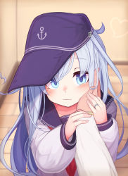 Rule 34 | 1girl, anchor symbol, black sailor collar, blue eyes, blue headwear, flat cap, hand on another&#039;s cheek, hand on another&#039;s face, hat, hibiki (kancolle), highres, holding another&#039;s wrist, jewelry, kantai collection, long hair, long sleeves, messy hair, neckerchief, red neckerchief, reitou mikan, ring, sailor collar, school uniform, serafuku, silver hair, solo focus, wedding band
