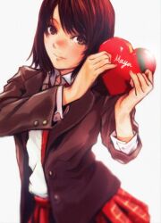 Rule 34 | 1girl, amakura mayu, box, brown eyes, brown hair, closed mouth, fatal frame, fatal frame 2, gauss &lt;bokashi, heart-shaped box, long hair, looking at viewer, necktie, open collar, pleated skirt, red necktie, red skirt, school uniform, simple background, skirt, smile, solo, white background