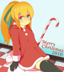 Rule 34 | 1girl, 2010, aqua eyes, aqua ribbon, black gloves, black thighhighs, blonde hair, blue background, blush, breasts, candy, candy cane, checkered floor, christmas, closed mouth, commentary request, dress, english text, food, fur-trimmed dress, fur trim, gloves, gradient background, hair ribbon, hooded dress, long hair, long sleeves, looking at viewer, matsumoto ryou, mega man (classic), mega man (series), merry christmas, ponytail, red dress, ribbon, roll (mega man), sack, sidelocks, sitting, sitting on object, small breasts, smile, solo, thighhighs, zettai ryouiki