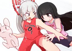 Rule 34 | 2girls, :3, alternate costume, basketball uniform, black hair, black shorts, blunt bangs, blush, bow, breasts, brown eyes, character name, closed mouth, commentary request, feet out of frame, fujiwara no mokou, hair bow, houraisan kaguya, kanisawa yuuki, long hair, looking at another, multiple girls, open mouth, pink shirt, rabbit, red shirt, red shorts, shirt, shorts, sleeveless, sleeveless shirt, small breasts, smile, sportswear, touhou, white background, white bow, white hair