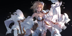 Rule 34 | 1girl, bare shoulders, black background, blonde hair, breasts, brown hair, cleavage, closed mouth, commentary request, detached sleeves, djeeta (granblue fantasy), dress, flower, glorybringer (granblue fantasy), granblue fantasy, hair flower, hair ornament, hand on hilt, highres, long sleeves, medium breasts, panties, pauldrons, petals, shoulder armor, signature, single pauldron, skirt hold, solo, strapless, strapless dress, swd3e2, sword, underwear, weapon, white dress, white flower, white panties