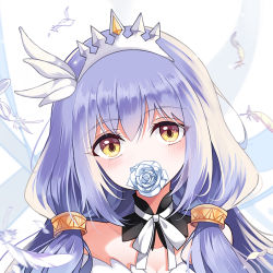 Rule 34 | 1girl, blush, clover theater, detached collar, feathers, flower, flower in mouth, hair tubes, long hair, looking at viewer, purple hair, rose, sandway (clover theater), solo, tiara, white feathers, white flower, white rose, yasuna (nanjiang), yellow eyes
