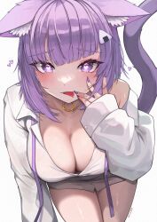 Rule 34 | 1girl, absurdres, animal ear fluff, animal ears, bare shoulders, blush, breasts, cat ears, cat girl, cat tail, cleavage, collarbone, dress shirt, fangs, food-themed hair ornament, hair ornament, heart, heart-shaped pupils, highres, hololive, kkato, large breasts, long sleeves, looking at viewer, loose neck ribbon, neck ribbon, nekomata okayu, nekomata okayu (oversized shirt), no bra, official alternate costume, onigiri hair ornament, open mouth, purple eyes, purple hair, purple nails, purple ribbon, ribbon, shirt, short hair, skin fangs, solo, symbol-shaped pupils, tail, thighs, tongue, tongue out, virtual youtuber, white background, white shirt