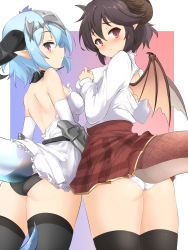 Rule 34 | 2girls, ass, bare shoulders, blue eyes, blue hair, blush, breasts, brown eyes, brown hair, dragon horns, dragon tail, dragon wings, dress, embarrassed, from behind, gauntlets, granblue fantasy, grea (shingeki no bahamut), highres, horns, large breasts, looking at viewer, looking back, momio, multiple girls, panties, pointy ears, school uniform, shadowverse, shingeki no bahamut, short dress, short hair, sideboob, tail, thighhighs, underwear, whitefrost dragonewt filene, wings