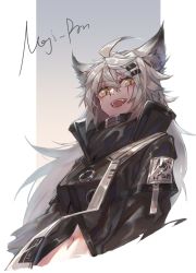 Rule 34 | 1girl, ahoge, animal ears, arknights, black coat, breasts, coat, commentary request, fangs, grey background, hair between eyes, hair ornament, hairclip, lappland (arknights), long hair, looking at viewer, medium breasts, midriff, navel, nejikyuu, open mouth, scar, scar across eye, scar on face, signature, silver hair, simple background, smile, solo, two-tone background, upper body, white background, wolf ears, yellow eyes
