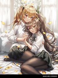 Rule 34 | 2girls, arm around back, black ribbon, black skirt, blonde hair, brown hair, brown legwear, collared shirt, curtains, dress shirt, feet out of frame, full body, girls&#039; frontline, hair between eyes, hair ornament, hairclip, highres, holding hands, leaning on person, long hair, long sleeves, lying, multiple girls, neck ribbon, no shoes, on bed, on side, pantyhose, petals, pillow, pleated skirt, red eyes, ribbon, scar, scar across eye, scar on face, shirt, side ponytail, signature, silence girl, sitting, skirt, smile, thighs, ump45 (girls&#039; frontline), ump9 (girls&#039; frontline), very long hair, white shirt, yellow eyes, yuri