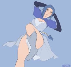 Rule 34 | 1girl, absurdres, artist name, blue background, blue hair, boots, breasts, cleavage, cosplay, highres, kalruna, may marigold, pelvic curtain, rwby, thick thighs, thighs, weiss schnee, weiss schnee (cosplay), yellow eyes
