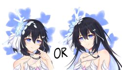 Rule 34 | 1girl, absurdres, bare shoulders, black hair, blue eyes, blue flower, blue hair, bow, breasts, cleavage, closed mouth, collarbone, commentary, dress, english commentary, flower, hair between eyes, hair bow, hair flower, hair ornament, hakuky, hand up, highres, honkai (series), honkai impact 3rd, long hair, medium breasts, multicolored hair, seele vollerei, seele vollerei (herrscher of rebirth), smile, two-tone hair, upper body, variations, white background, white bow, white dress, white flower