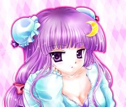 Rule 34 | 1girl, bow, breasts, checkered background, cleavage, collarbone, crescent, crescent hair ornament, double bun, female focus, frown, hair bow, hair ornament, head rest, light particles, long hair, looking at viewer, medium breasts, no headwear, no headwear, outline, patchouli knowledge, purple eyes, purple hair, robe, sleeves past wrists, solo, touhou, tsukiori sasa, upper body