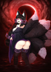 Rule 34 | 1girl, :d, absurdres, amanomiya koyoi, animal ear fluff, animal ears, arm tattoo, ass, barbariank, black hair, body markings, breast tattoo, breasts, cloud, commentary, dark demon realm (monster girl encyclopedia), demon realm (monster girl encyclopedia), eclipse, facial mark, fangs, forehead mark, fox ears, fox tail, from behind, glowing markings, glyph, highres, inari (monster girl encyclopedia), inari koyoi, japanese clothes, kimono, long hair, looking back, lunar eclipse, markings, medium breasts, monster girl, monster girl encyclopedia, moon, multiple tails, night, no panties, off shoulder, open mouth, outdoors, pink eyes, pussy juice, red moon, red sky, shoulder tattoo, sideboob, sky, smile, solo, tail, tattoo, teeth, very long hair, wading, water