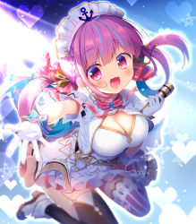 Rule 34 | alternate costume, blurry, blurry background, breasts, cleavage, colored inner hair, commentary request, drill hair, gloves, hololive, large breasts, long hair, looking at viewer, maid headdress, microphone, minato aqua, multicolored hair, one eye closed, open mouth, purple eyes, reaching, reaching towards viewer, sasai saji, thighhighs, twin drills, virtual youtuber