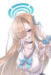 Rule 34 | 1girl, asuna (blue archive), asymmetrical bangs, black choker, blonde hair, blue archive, blue eyes, blush, bow, bowtie, breasts, button gap, choker, collarbone, hair over one eye, halo, highres, kamo 75, large breasts, long bangs, long hair, looking at viewer, loose bowtie, one eye covered, open collar, scrunchie, shirt, simple background, smile, solo, very long hair, white background, white shirt, wrist scrunchie