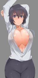 Rule 34 | 1girl, arms behind head, arms up, black eyes, black hair, blush, breasts, chain sumeragi, cleavage, covered erect nipples, curvy, female focus, grey background, groin, highres, kekkai sensen, large breasts, minakami (flyingman555), navel, shirt, short hair, simple background, skirt, solo, thick thighs, thighs, unbuttoned, white shirt