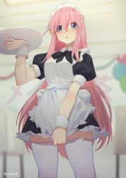 Rule 34 | 1girl, absurdres, balloon, black bow, blue eyes, blurry, blurry background, bocchi the rock!, bow, chilakkk, cowboy shot, eyes visible through hair, gotoh hitori, highres, holding, holding tray, long hair, looking at viewer, maid, maid headdress, one side up, pink hair, puffy short sleeves, puffy sleeves, short sleeves, solo, thighhighs, tray, twitter username, white thighhighs, wrist cuffs, zettai ryouiki