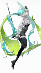 Rule 34 | 1girl, absurdres, ahoge, aqua eyes, aqua hair, arm up, asymmetrical bodysuit, black bodysuit, black gloves, bodysuit, boots, closed mouth, commentary, cropped jacket, flag, full body, gloves, goodsmile racing, green flag, green gloves, hatsune miku, highres, holding, holding flag, jacket, jumping, kitou saji, long hair, long sleeves, looking at viewer, miku day, race queen, racing miku, racing miku (2022), simple background, single thigh boot, single thighhigh, smile, solo, thigh boots, thighhighs, twintails, two-tone gloves, v, very long hair, vocaloid, white background, white jacket