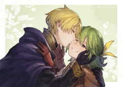 Rule 34 | 1boy, 1girl, artist name, black gloves, blonde hair, brown coat, cape, coat, couple, dated, from side, gloves, green background, green hair, hair ribbon, half-closed eyes, half updo, hand on another&#039;s back, hand on another&#039;s cheek, hand on another&#039;s face, hand on another&#039;s head, hand on another&#039;s shoulder, hands up, heart, herayoshi, hetero, highres, kiki (herayoshi), kiss, kissing cheek, leaf, leaning forward, long sleeves, looking at another, looking away, one eye closed, original, profile, purple cape, red gloves, resu (herayoshi), ribbon, short hair, smile, yellow ribbon