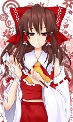 Rule 34 | 1girl, absurdres, bare shoulders, brown hair, detached sleeves, female focus, gradient background, hair ribbon, hair tubes, hakurei reimu, highres, japanese clothes, miko, ponytail, red eyes, ribbon, skirt, solo, touhou, white background, yami nabe