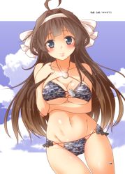 Rule 34 | 1girl, absurdres, ahoge, alternate headwear, arm across waist, bare arms, bare shoulders, bikini, blue eyes, blue sky, blush, breast rest, breasts, brown hair, camouflage, camouflage bikini, character name, cleavage, closed mouth, cloud, collarbone, cowboy shot, day, dog tags, double bun, floating hair, frilled bikini, frills, groin, hair bun, hair ribbon, hairband, head tilt, heart, highres, holding, holding hair, jewelry, kantai collection, kongou (kancolle), large breasts, lips, long hair, looking at viewer, navel, necklace, non-web source, o-ring, o-ring top, outdoors, outside border, ribbon, shiny skin, sidelocks, skindentation, sky, smile, solo, stomach, swimsuit, thighs, toned, white ribbon, yua (checkmate)