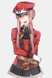 Rule 34 | 1girl, :d, arms behind back, bad id, bad pixiv id, belt, commentary request, cowboy shot, fate/grand order, fate (series), gloves, hat, long hair, looking at viewer, medb (alluring chief warden look) (fate), medb (fate), military, military uniform, miniskirt, open mouth, peaked cap, pink hair, pleated skirt, red hat, simple background, skirt, smile, solo, suzuko (star8383), uniform, white gloves, yellow eyes