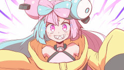 Rule 34 | 1girl, aqua hair, bare shoulders, bow-shaped hair, character hair ornament, creatures (company), eyelashes, game freak, hair ornament, happy, iono (pokemon), kurachi mizuki, long hair, looking at viewer, multicolored hair, nintendo, one eye closed, oversized clothes, pink hair, pokemon, pokemon sv, purple eyes, sharp teeth, sleeves past fingers, sleeves past wrists, smile, solo, teeth, twintails, two-tone hair