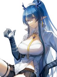 Rule 34 | 1girl, absurdres, arknights, black gloves, black shorts, blue hair, breasts, cleavage, coat, collarbone, cup, dragon horns, earrings, elbow gloves, gloves, hair between eyes, high ponytail, highres, holding, holding cup, horns, jewelry, large breasts, ling (arknights), long hair, long sleeves, looking away, looking down, multicolored hair, necktie, open clothes, open coat, parted lips, pointy ears, purple eyes, qinglai haiji, short shorts, shorts, sidelocks, sitting, smile, solo, strapless, streaked hair, thigh strap, two-tone hair, very long hair, white coat, white hair, yellow necktie
