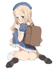 Rule 34 | 1girl, 2l (2lsize), ass, backpack, bag, blonde hair, blush, closed mouth, clothes lift, dress, dress lift, forehead, full-face blush, full body, highres, loafers, long hair, looking at viewer, looking back, maid, no panties, original, petite, purple eyes, randoseru, red-framed eyewear, round eyewear, school uniform, semi-rimless eyewear, shoes, simple background, sitting, skirt, skirt lift, solo, tears, thick eyebrows, thighhighs, under-rim eyewear, very long hair, wariza, wavy hair, white background, white thighhighs