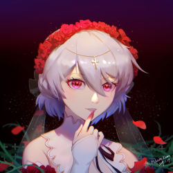 Rule 34 | 1girl, bare shoulders, black background, blood, blood on hands, bridal veil, daylightallure, dress, elbow gloves, flower, gloves, grin, hair between eyes, hair flower, hair ornament, hand on own face, highres, honkai (series), honkai impact 3rd, lipstick, looking at viewer, makeup, petals, red eyes, red flower, red rose, rose, smile, solo, teeth, theresa apocalypse, theresa apocalypse (luna kindred), veil, wedding dress, white dress, white gloves, white hair