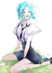Rule 34 | 1other, :d, aqua eyes, aqua hair, aqua tongue, between legs, black footwear, collared shirt, colored tongue, crystal hair, full body, gem uniform (houseki no kuni), glowing, glowing hair, grass, hand between legs, high collar, highres, houseki no kuni, loafers, looking to the side, necktie, on grass, open mouth, other focus, outdoors, pale skin, parted bangs, phosphophyllite, rokipanda, shirt, shirt tucked in, shoes, short hair, shorts, sitting, smile, solo, suspender shorts, suspenders, suspenders gap, wariza, white shirt