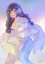 Rule 34 | 1girl, angel wings, artist name, artist request, bare shoulders, blush, bow, bowtie, breasts, center frills, chelle (illestfairys), choker, collarbone, detached collar, detached sleeves, dress, feathered wings, feathers, female focus, flower, frilled sleeves, frills, green eyes, hair flower, hair ornament, hair ribbon, headset, highres, long hair, looking at viewer, love live!, love live! school idol festival, love live! school idol project, medium breasts, off-shoulder dress, off shoulder, parted lips, purple bow, purple dress, purple feathers, purple hair, purple ribbon, ribbon, shoulder tattoo, smile, solo, striped, striped bow, tattoo, tojo nozomi, twintails, white feathers, wings, x hair ornament