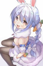 Rule 34 | 1girl, 1other, animal ear fluff, animal ears, arm cuffs, black gloves, black pantyhose, blue hair, blush, braid, breasts, brown eyes, carrot, carrot hair ornament, cleavage, don-chan (usada pekora), downblouse, dress, eyebrows, food-themed hair ornament, from above, from side, fur-trimmed dress, fur-trimmed gloves, fur scarf, fur trim, gau (n00 shi), gloves, hair ornament, hololive, knees together feet apart, long hair, looking at viewer, looking up, multicolored hair, open mouth, pantyhose, rabbit ears, rabbit girl, simple background, sitting, small breasts, smile, solo, thick eyebrows, tights day, twin braids, twintails, two-tone hair, usada pekora, usada pekora (1st costume), very long hair, virtual youtuber, white background, white dress, white hair