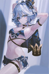 Rule 34 | 1girl, absurdres, ahoge, alternate costume, armband, armpits, arms up, bikini, bikini skirt, black armband, black choker, blue bikini, blue eyes, blue hair, blurry, blurry background, choker, closed mouth, commentary, cowboy shot, furina (genshin impact), furrowed brow, genshin impact, hair between eyes, hat, highres, indol, jacket, jacket on shoulders, looking at viewer, mismatched pupils, short hair, solo, swimsuit, thigh strap, top hat, wavy hair