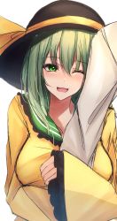 Rule 34 | 1boy, 1girl, 7saki, ;d, arm hug, bad id, bad twitter id, black headwear, blush, green eyes, green hair, hat, highres, komeiji koishi, long hair, long sleeves, looking at viewer, one-hour drawing challenge, one eye closed, open mouth, shirt, sleeves past wrists, smile, solo focus, touhou, upper body, white background, wide sleeves, yellow shirt