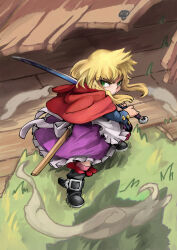 Rule 34 | 1girl, apron, battoujutsu stance, belt boots, black footwear, blonde hair, boots, buckle, capelet, closed mouth, dust cloud, fighting stance, frilled skirt, frills, grass, green eyes, highres, holding, holding sword, holding weapon, hood, hooded capelet, katana, little red riding hood, little red riding hood (grimm), long hair, looking back, purple skirt, ready to draw, red capelet, red hood, rightorisamraido3, serious, sidelocks, skirt, solo, sword, v-shaped eyebrows, weapon, white apron, wooden floor