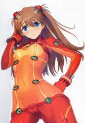 Rule 34 | 00s, 1girl, absurdres, blue eyes, blush, brown hair, cameltoe, cleft of venus, evangelion: 2.0 you can (not) advance, female focus, gradient background, hand on own hip, highres, hip focus, long hair, neon genesis evangelion, plugsuit, rebuild of evangelion, solo, souryuu asuka langley, test plugsuit, tony taka, white background