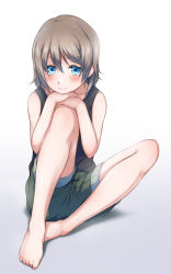 Rule 34 | 1girl, bare arms, bare shoulders, barefoot, black tank top, blue eyes, blush, brown hair, closed mouth, collarbone, commentary request, full body, gradient background, green shorts, grey background, hair between eyes, head rest, highres, hitotsuki no yagi, knee up, looking at viewer, love live!, love live! sunshine!!, medium hair, shorts, sitting, smile, solo, sweat, tank top, watanabe you