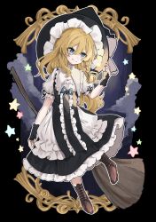 Rule 34 | 1girl, absurdres, black gloves, blonde hair, blue eyes, boots, bow, braid, broom, brown footwear, chu (yuzumeno), cleavage cutout, clothing cutout, commentary, curiosities of lotus asia, gloves, hair bow, hat, hat bow, highres, kirisame marisa, long hair, partially fingerless gloves, short sleeves, side braid, single braid, smile, solo, star (symbol), touhou, white bow, witch hat, yellow eyes