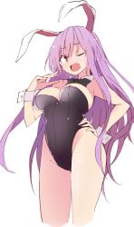 Rule 34 | 1girl, animal ears, black bow, black bowtie, black leotard, bow, bowtie, breasts, cropped legs, detached collar, hand on own hip, kamukamu (ars), large breasts, leotard, long hair, looking at viewer, one eye closed, open mouth, playboy bunny, purple hair, rabbit ears, red eyes, reisen udongein inaba, revision, simple background, solo, strapless, strapless leotard, touhou, very long hair, white background, wrist cuffs