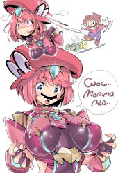 Rule 34 | 1boy, 1girl, blue eyes, blush, breast awe, breasts, cappy (mario), chest jewel, chris (mario), comic, crossover, facial hair, fingerless gloves, gameplay mechanics, gloves, hair ornament, hat, highres, koopa troopa, large breasts, looking at breasts, mario, mario (series), mustache, nail polish, nintendo, open mouth, pink eyes, pink hair, possessed, possession, pyra (xenoblade), red eyes, short hair, sidelocks, super mario odyssey, surprised, sweatdrop, third-party edit, xeno (series), xenoblade chronicles (series), xenoblade chronicles 2