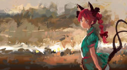 Rule 34 | 1girl, animal ears, bow, braid, cat ears, cat tail, dress, green dress, hair bow, kaenbyou rin, light smile, looking at viewer, multiple tails, nekomata, onion (onion and pi-natto), red eyes, red hair, solo, tail, touhou, twin braids, two tails