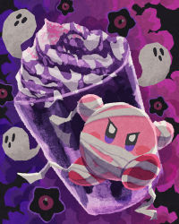 Rule 34 | bandages, cup, dark nebula, food, ghost, gradient background, highres, ice cream, kirby, kirby (series), looking at viewer, miclot, mummy costume, nintendo, no humans, purple background, sprinkles, star (symbol), sundae, whipped cream