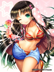 Rule 34 | 1girl, ;3, arm behind head, bad id, bad pixiv id, bikini, bikini under clothes, black hair, breasts, cleavage, cocktail, cocktail umbrella, collarbone, copyright name, drink, drinking straw, ells, front-tie bikini top, front-tie top, green eyes, hair ornament, hairclip, holding, ice, ice cube, junketsu duelion, leg up, long hair, long sleeves, looking at viewer, medium breasts, navel, one eye closed, open clothes, open shirt, original, polka dot, polka dot shirt, sandals, shirt, shorts, side-tie bikini bottom, smile, solo, standing, standing on one leg, striped bikini, striped clothes, swimsuit, swimsuit under clothes, very long hair, wink
