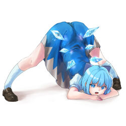 Rule 34 | 1girl, black footwear, blue bow, blue dress, blue eyes, blue hair, bow, cirno, cirno day, commentary, covered anus, detached wings, dress, full body, hair bow, hands on ground, highres, ice, ice wings, jack-o&#039; challenge, looking at viewer, open mouth, short hair, short sleeves, socks, solo, spread legs, tight butt, top-down bottom-up, touhou, unloli, white socks, wide spread legs, wings