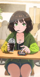 1girl android battery_indicator black_shirt blue_shorts blush brown_hair cable cellphone collarbone drinking drinking_straw electric_plug green_eyes green_jacket highres jacket looking_at_viewer mechabare original phone shirt short_hair shorts smartphone solo tsuba-san-san