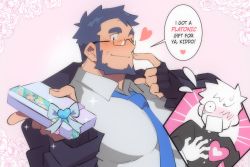 Rule 34 | 2boys, age difference, bara, beard, between pectorals, blue necktie, blush, chibi, chibi inset, english text, facial hair, fingerless gloves, glasses, gloves, heart, highres, incoming gift, large pectorals, looking at viewer, male focus, mature male, multiple boys, muscular, muscular male, necktie, necktie between pectorals, netorare, original, pectorals, purple hair, salaryman, saturday (hokawazu), short hair, solo focus, thick eyebrows, upper body, valentine, yaoi
