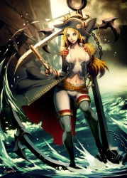 Rule 34 | anchor, boots, breasts, chain, cleavage, epaulettes, genzoman, gun, hat, legs, lips, long coat, midriff, ocean, original, pirate, pirate hat, sword, thigh boots, thighhighs, weapon