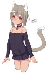 Rule 34 | 1girl, animal ears, bare shoulders, black choker, black sweater, breasts, brown hair, cat ears, cat girl, cat tail, choker, cleavage, collarbone, cowboy shot, cropped legs, dated, long sleeves, looking at viewer, maze (gochama ze gohan), off-shoulder, off-shoulder sweater, original, ribbed sweater, signature, simple background, sketch, small breasts, solo, sweater, tail, white background