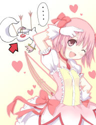 Rule 34 | ..., 10s, 1girl, :d, arrow (symbol), bow (weapon), darkside, gloves, kaname madoka, kyubey, magical girl, mahou shoujo madoka magica, mahou shoujo madoka magica (anime), one eye closed, open mouth, pink eyes, pink hair, salute, short hair, smile, weapon, wink